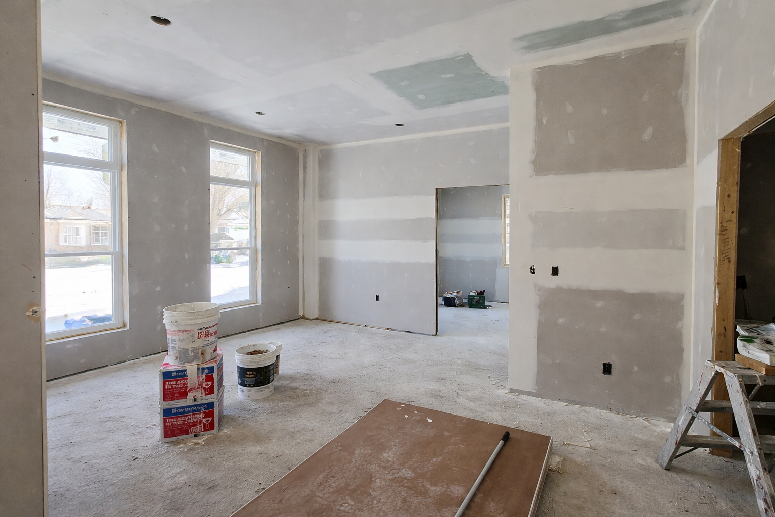 Étape de gypse à l'intérieur d'une suite secondaire en construction