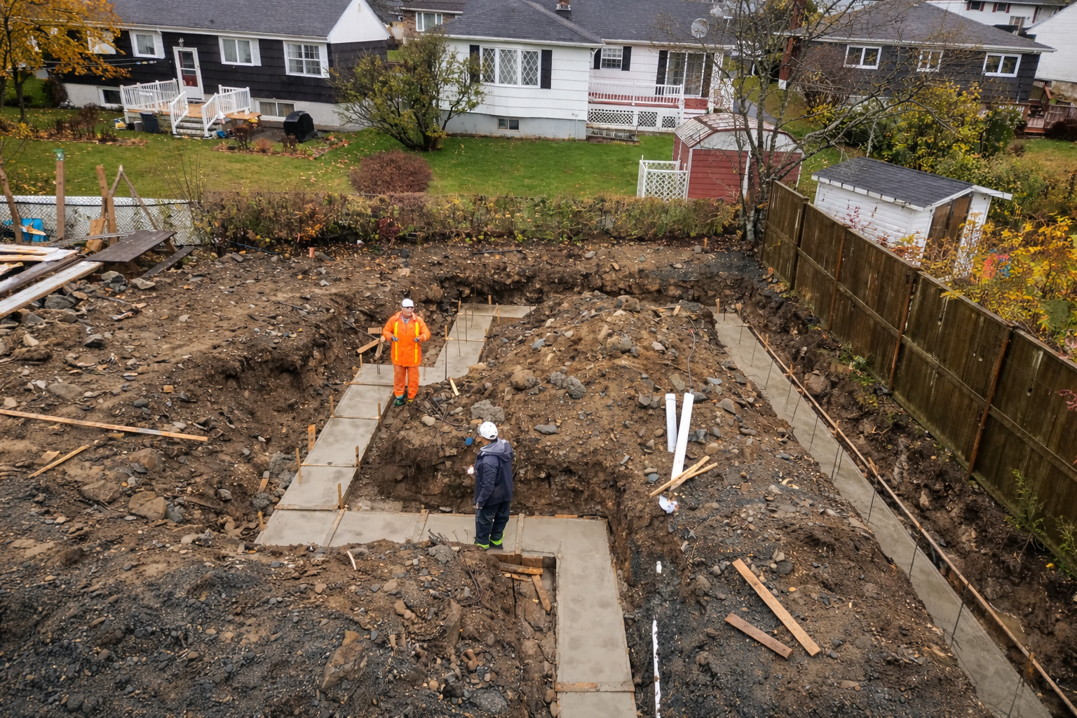 Équipe de Maisons des Jardins coulant les fondations dans une cour arrière de la MRH